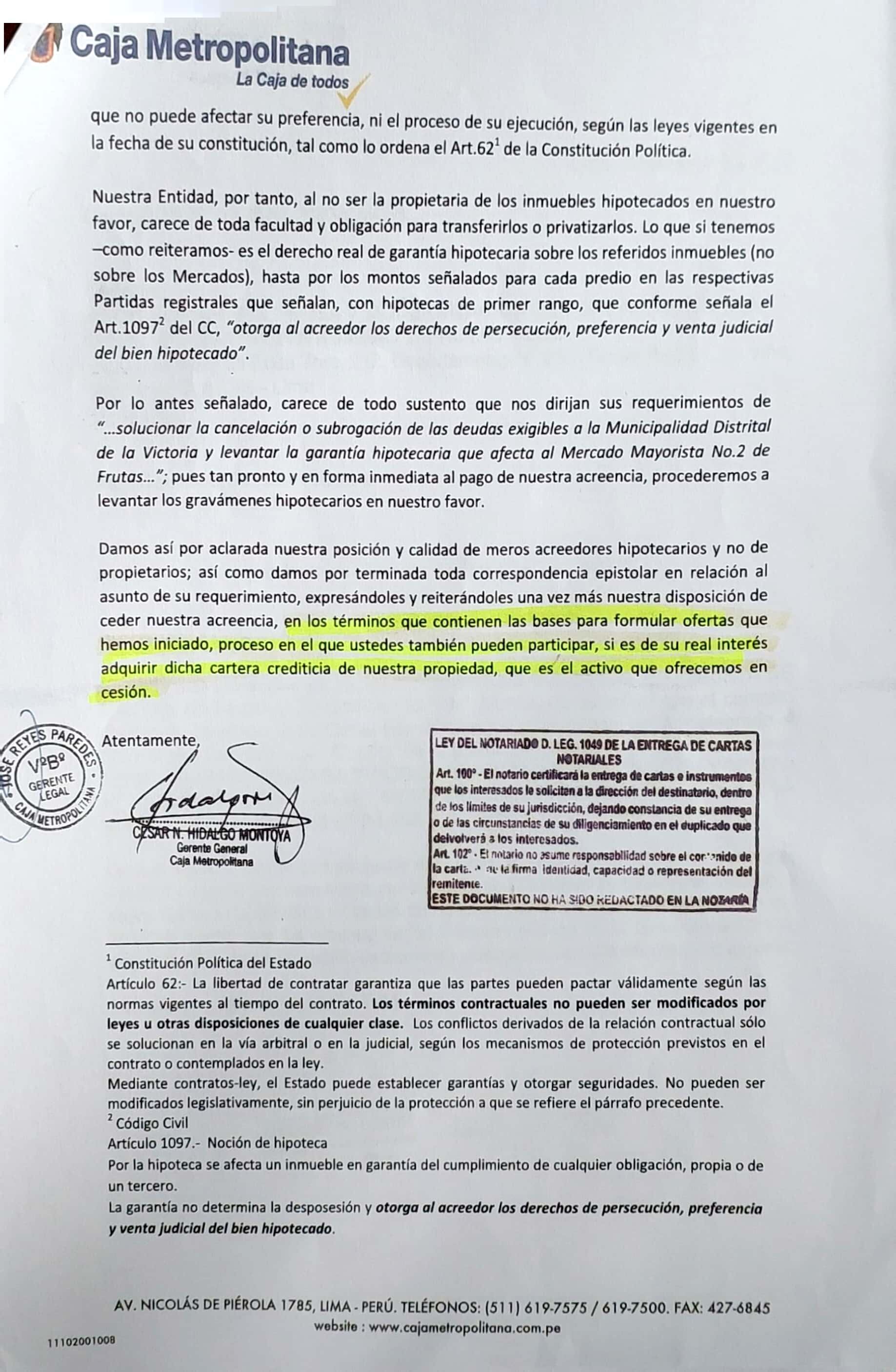 Caja Metropolitana invita al asociación de comerciantes a comprar la acreencia de la deuda de la hipoteca del mercado. Foto: Asociación de Defensa y Modernización del Mercado N°2 de Frutas