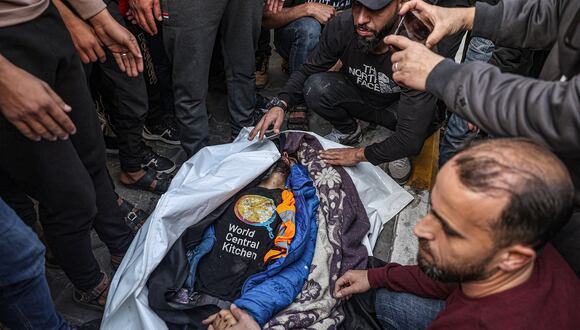 Familiares y amigos lloran junto al cuerpo de Saif Abu Taha, miembro del personal del World Central Kitchen que murió por ataques israelíes en Rafah, Franja de Gaza, el 2 de abril de 2024 (Foto de SAID KHATIB / AFP)