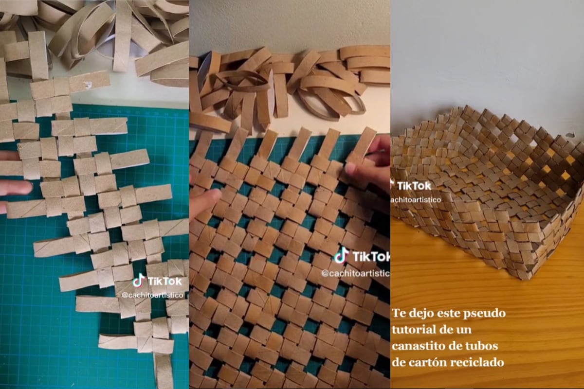 Canasta hecha con tubos de cartón. (Foto: TikTok/cachitoartistico).