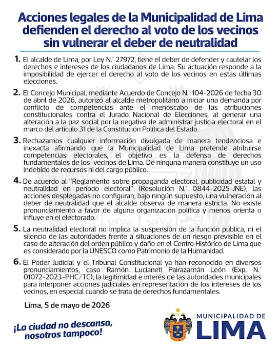 Comunicado de la Municipalidad de Lima.