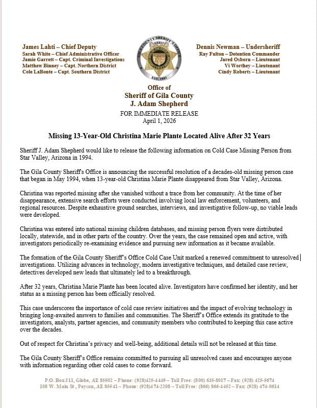 Según las autoridades, el caso se mantuvo activo durante años hasta que nuevas tecnologías permitieron generar pistas clave. (Foto: Gila County Sheriff's Office / Facebook)
