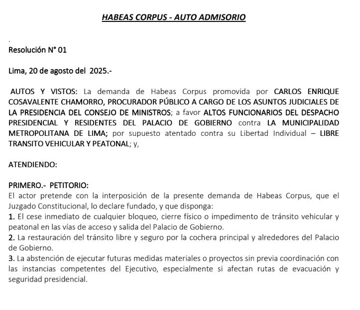 PRIMER PETITORIO del HABEAS CORPUS, documento al que accedió El Comercio.