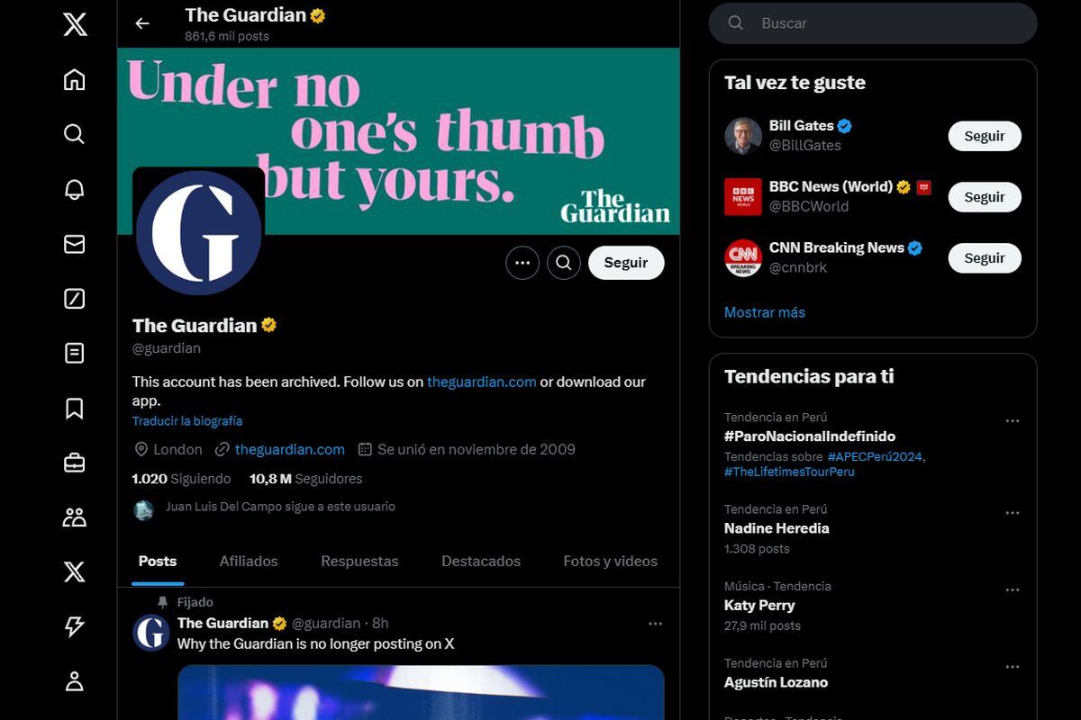 The Guardian se unión a X, entonces Twitter, en noviembre de 2009, y logró 11 millones de seguidores en la plataforma.