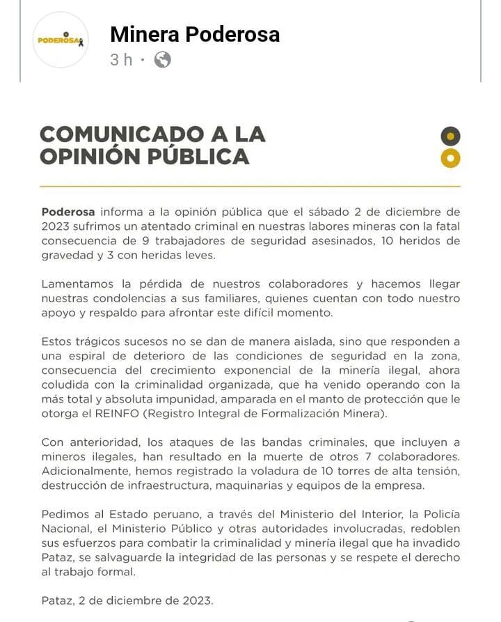Comunicado de la compañía minera.