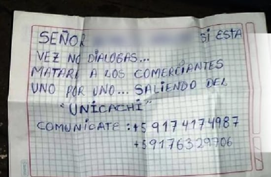 Carta de extorsionadores a dirigente del Mercado Unicachi de Pro. Foto: captura