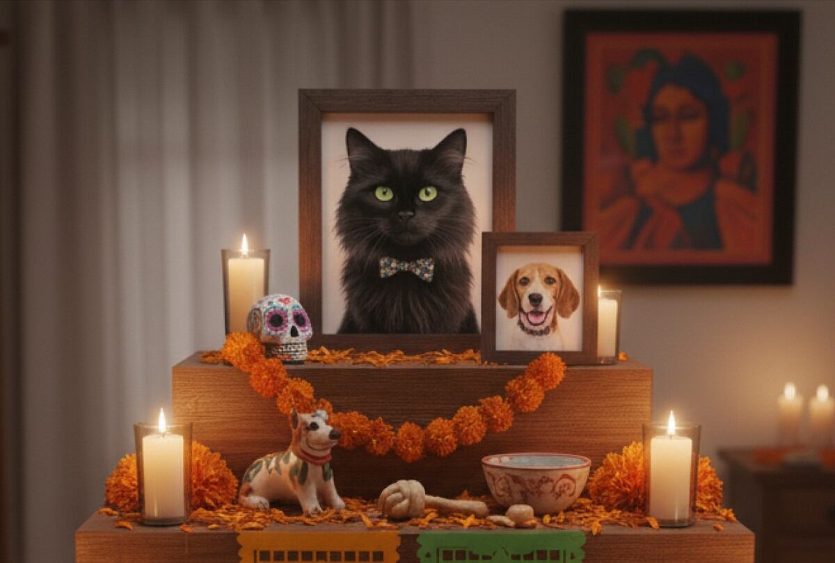 Durante el Día de Muertos de las mascotas, las familias colocan ofrendas con fotos, juguetes y comida favorita de sus compañeros peludos. | Crédito: Imagen genera por IA / Gemini
