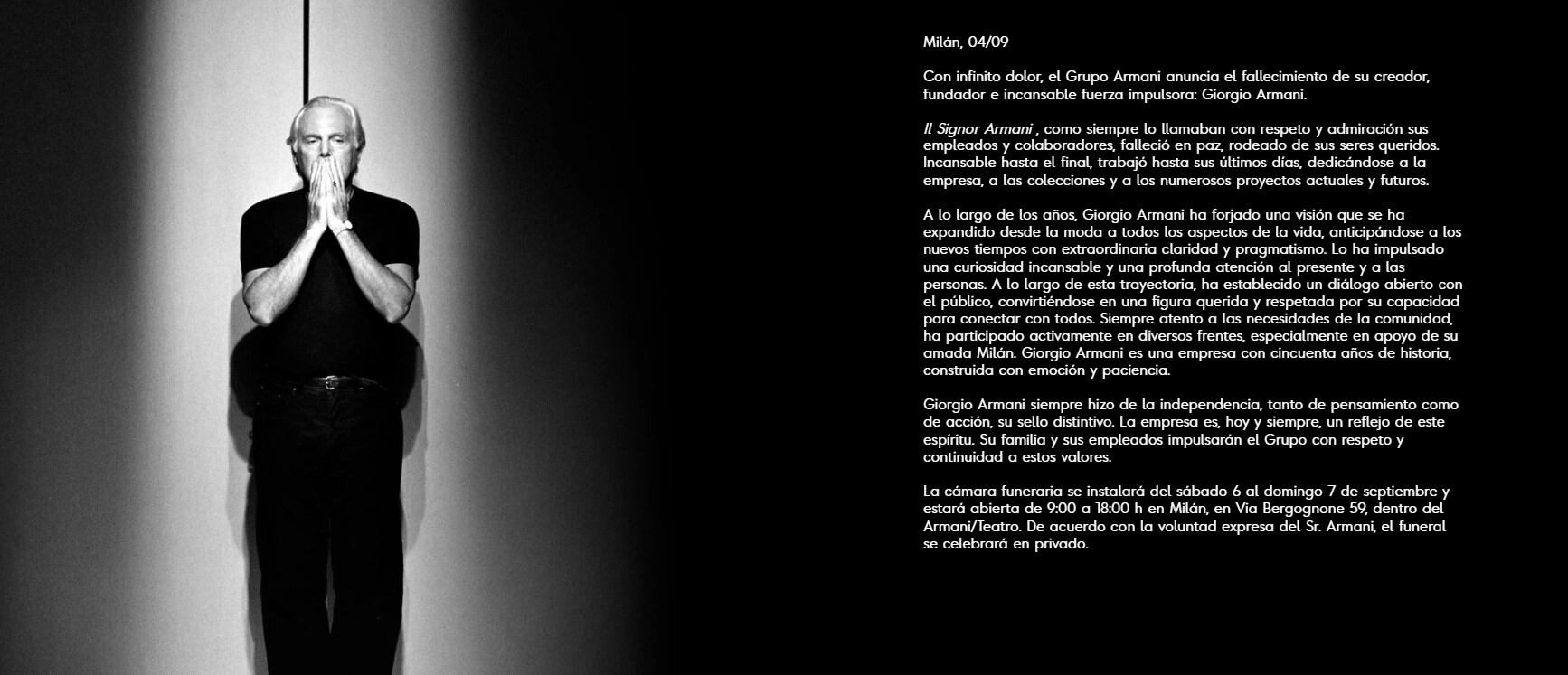 Este es el comunicado publicado en la página web de Armani sobre el fallecimiento de Giorgio Armani. (Crédito: Armani)