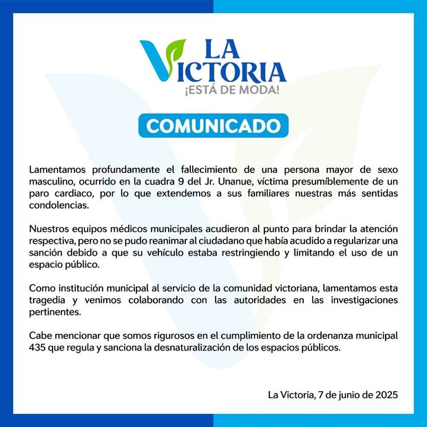 Comunicado de la Municipalidad de La Victoria.
