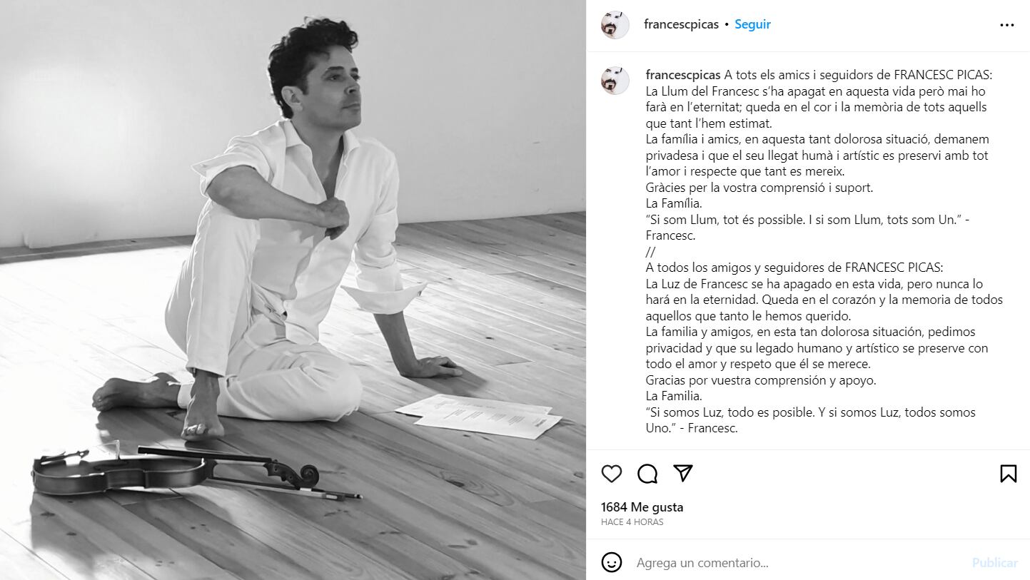 Familia de Francesc Picas confirmó su muerte. Artista tenía 53 años, no se le conocía pareja o hijos. Es el segundo miembro de la agrupación Loco Mía que pierde la vida | Foto: Instagram