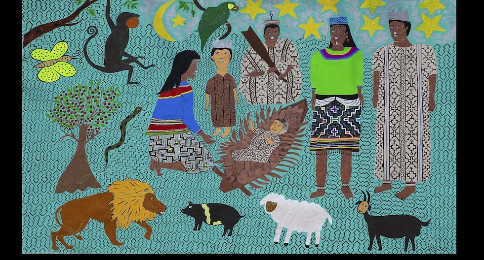 Alrededor de 50 nacimientos se exponen en la Casa O'Higgins del Jirón de la Unión. Este es un trabajo elaborado en tela teñida por Zoila Maynas, de Ucayali. ella es parte de los artistas shipibos que viven en Cantagallo.