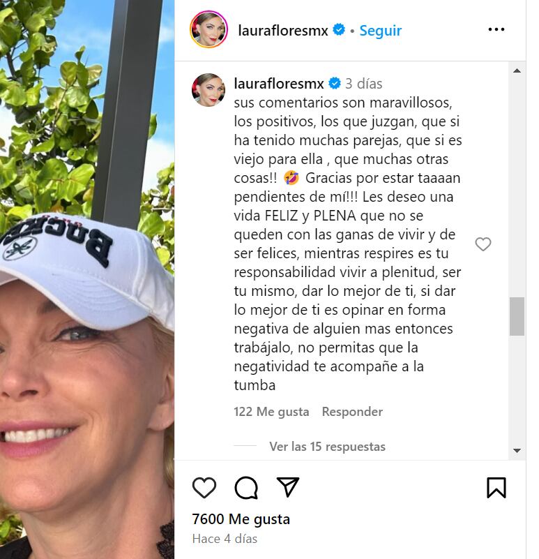 La actriz mexicana respondió a los críticos de su nueva relación (Foto: Laura Flores / Instagram)