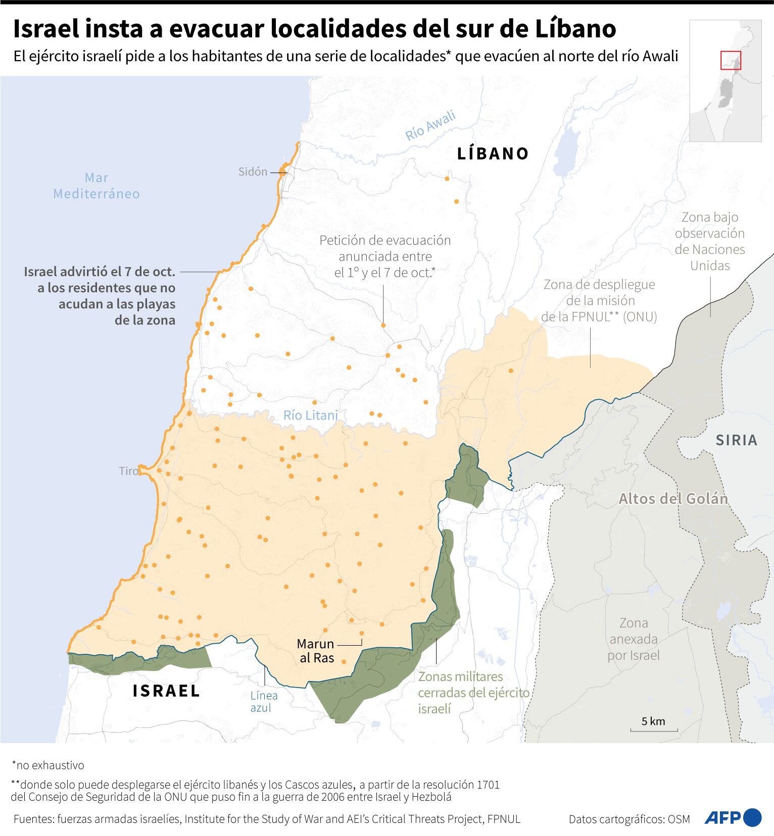 Las localidades del sur del Líbano con orden de evacuación emitida por Israel. (AFP).