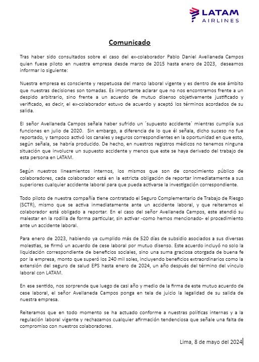 Comunicado de Latam brindado a El Comercio.