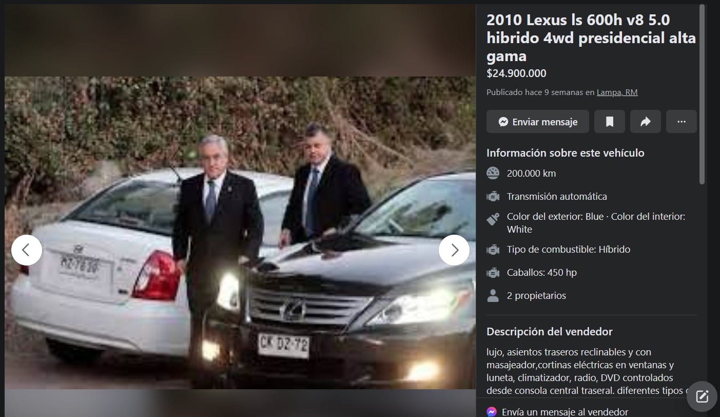 Imagen del anuncio en Marketplace del Lexus usado por Sebastián Piñera.