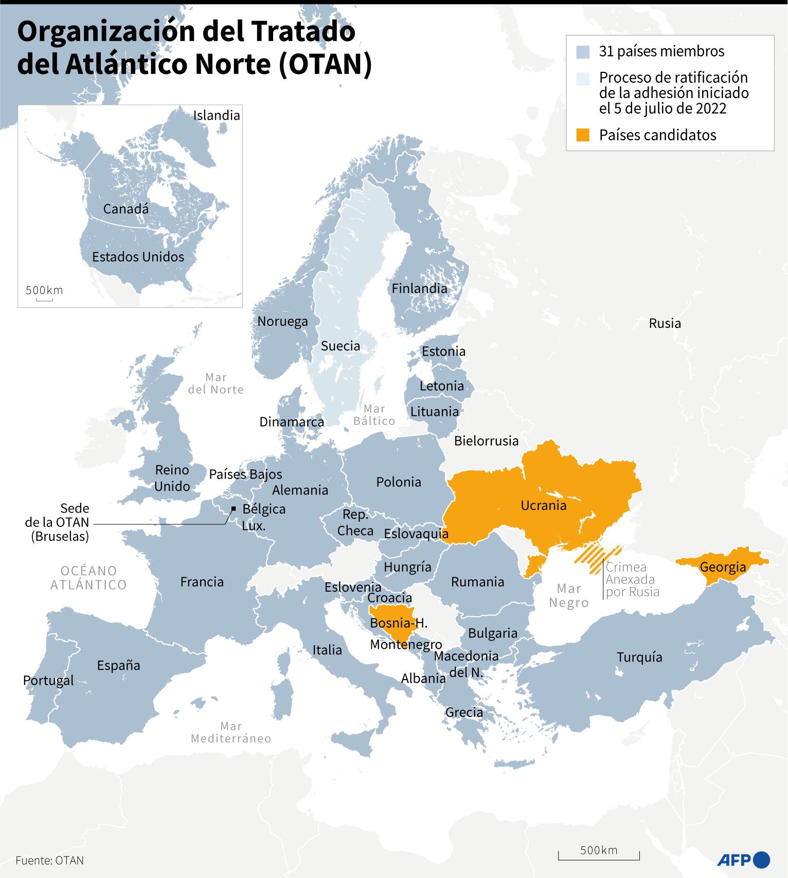 Mapa de los países miembros Organización del Tratado del Atlántico Norte (OTAN), así como de los candidatos a la adhesión. Fuente: AFP