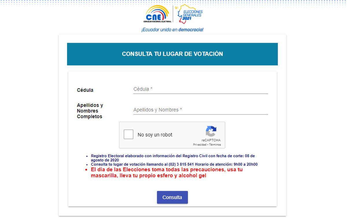 Para conocer tu lugar de votación, primero debes ingresar a la página web del CNE, ahí deberás ingresar los datos que te solicitan (Foto: CNE)