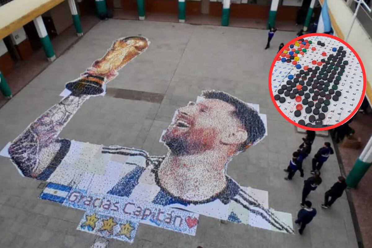 VIDEO VIRAL | Estudiantes de secundaria hicieron un mural en homenaje a Lionel Messi con chapitas de plástico. (Foto: Instagram/sebastianramirezarte).