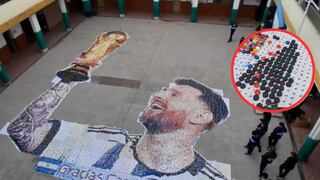 El impresionante mural de Lionel Messi que alumnos de secundaria hicieron con tapitas