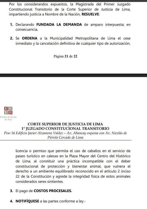 Esta es la sentencia que ordena a la Municipalidad de Lima a no autorizar más servicios de calesas jalados por caballos.