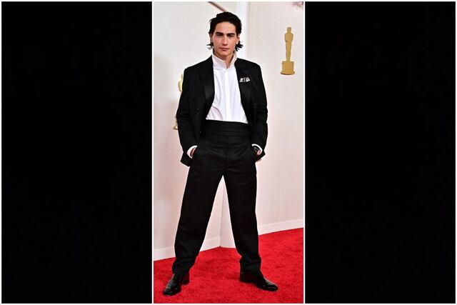 El actor uruguayo Enzo Vogrincic lució así en la alfombra roja de los Premios Oscar 2024.