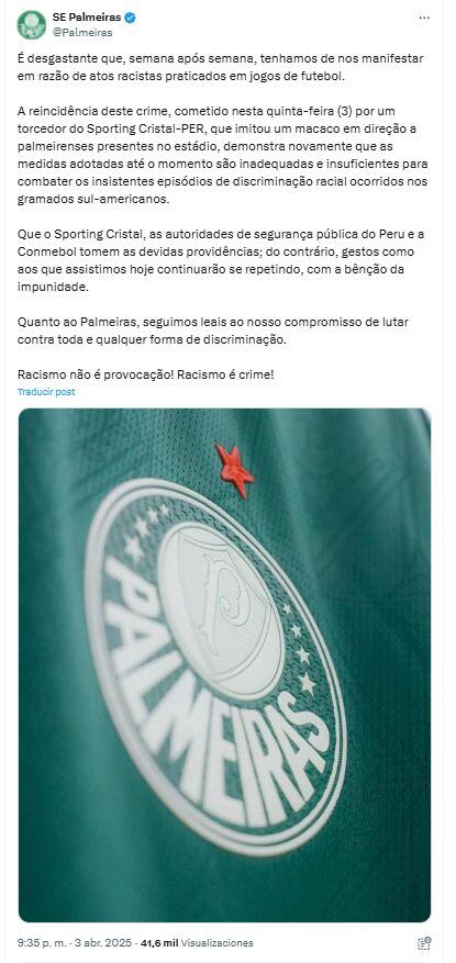 El comunicado de Palmeiras compartido en la red social X (antes Twitter).
