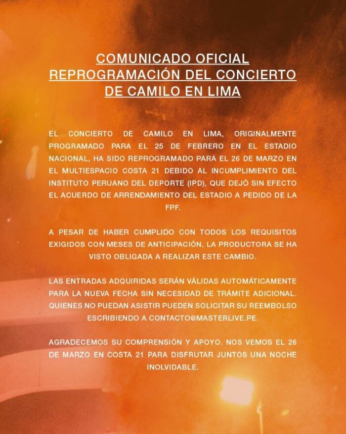 Camilo reprograma su concierto en Perú y cambia de locación, ya no cantará en el Estadio Nacional. (Foto: Masterlive)