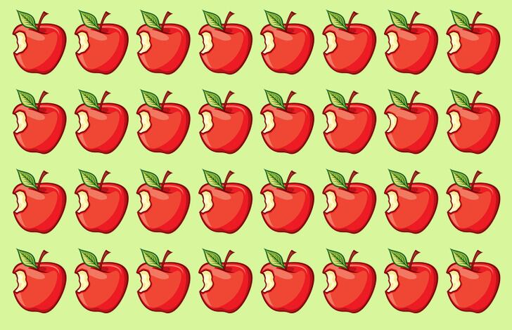 Esta es la ilustración del acertijo visual de encontrar la manzana roja distinta a las demás. Para lograrlo, debes prestar mucha atención a cada una de las frutas. | Crédito: depositphotos.com / smalljoys.tv