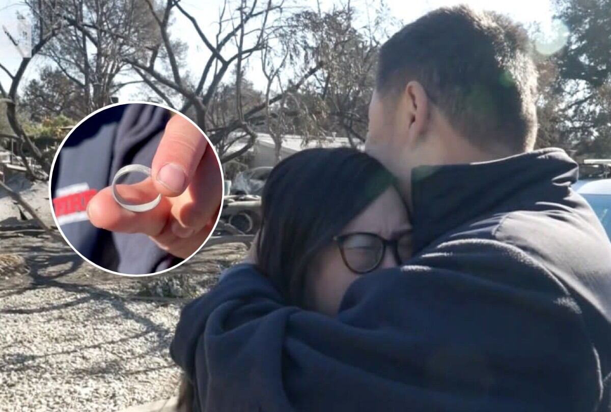 Momento conmovedor: un bombero y su esposa se emocionan al encontrar un anillo de bodas entre los escombros de su casa destruida por un incendio forestal. | Crédito: CNN