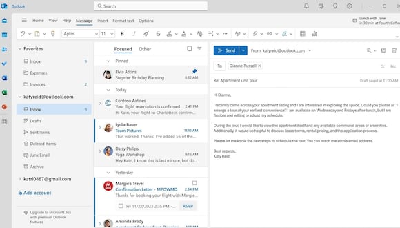 Interfaz del servicio de correo electrónico Microsoft Outlook.