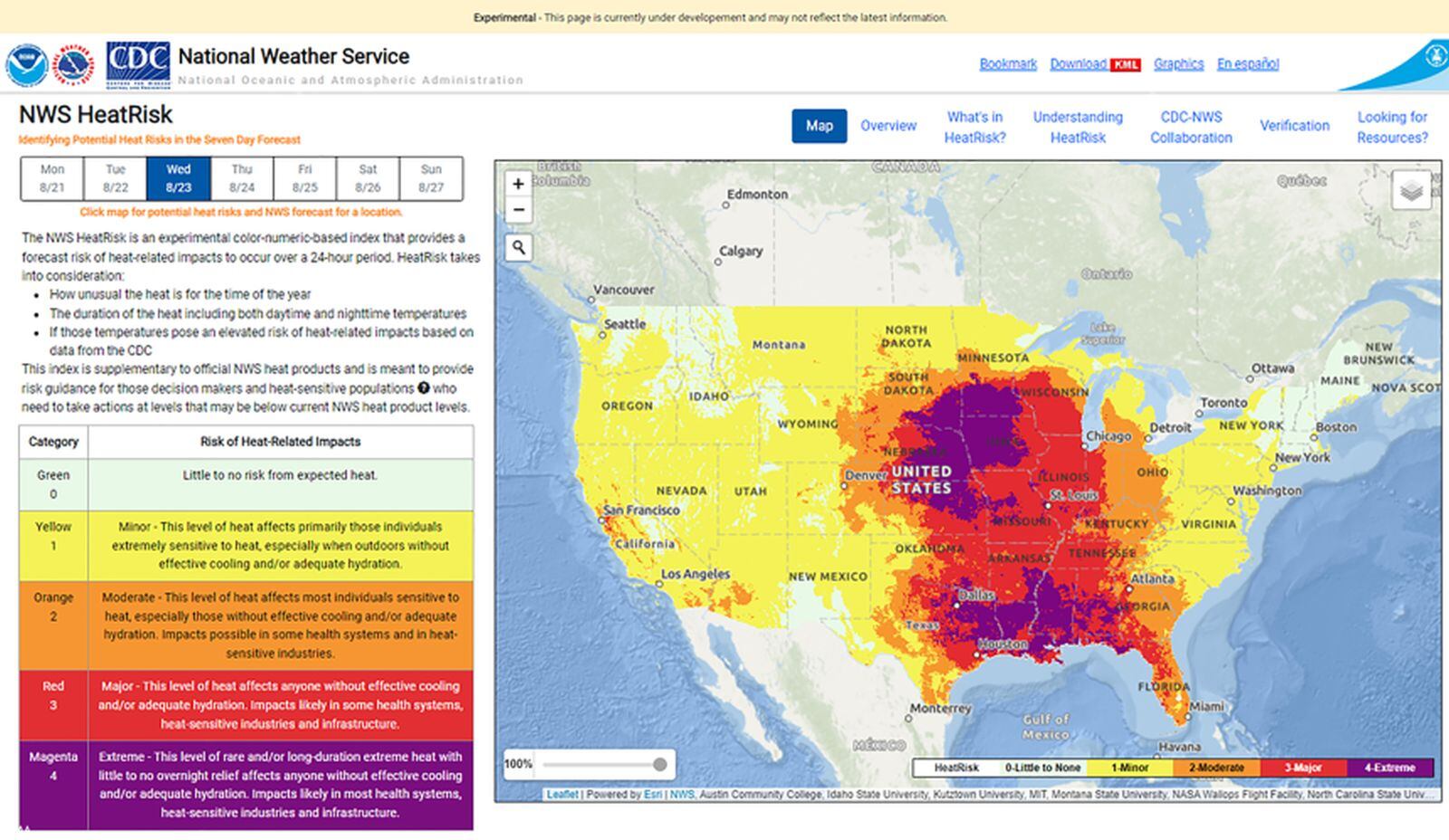 La herramienta HeatRisk experimental del Servicio Meteorológico Nacional de la NOAA (Foto: NOAA)