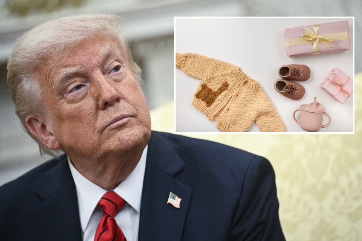 Donald Trump mirando hacia un lado y un imagen de artículos para bebés. (Foto: AFP / Freepik)