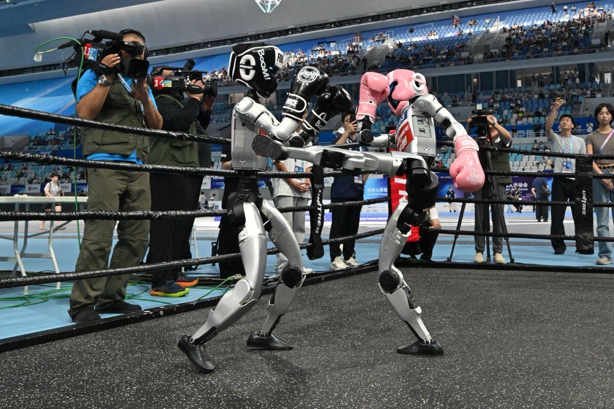Dos robots luchan en un evento de combate libre durante los Juegos mundiales de robots humanoides en Pekín el 15 de agosto de 2025. (Foto de ADEK BERRY / AFP)