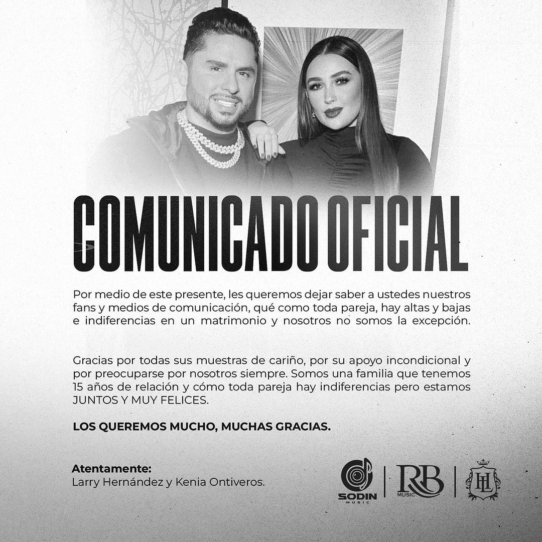 El comunicado que Larry Hernández y Kenia Ontiveros realizaron para aclarar sobre su crisis matrimonial (Foto: Larry Hernández / Instagram)