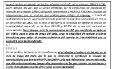 Comunicación de LAP al MTC sobre posible colapso vehicular en mayo del 2025