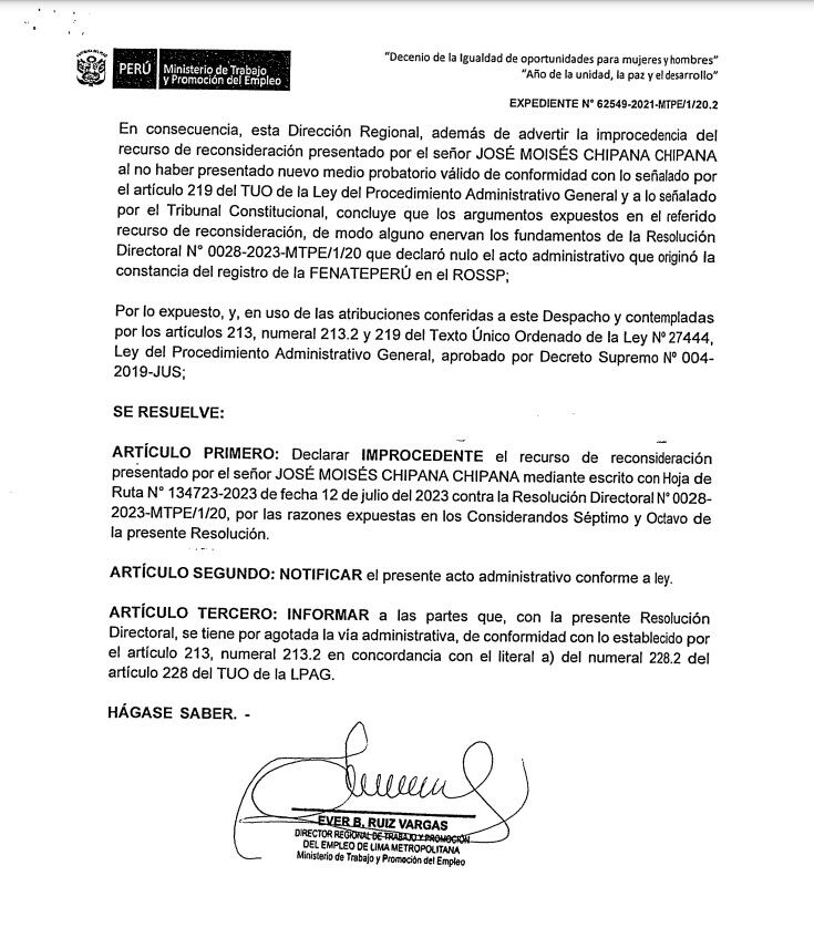 Resolución sobre la Fenate Perú. (Foto: Ministerio de Trabajo)