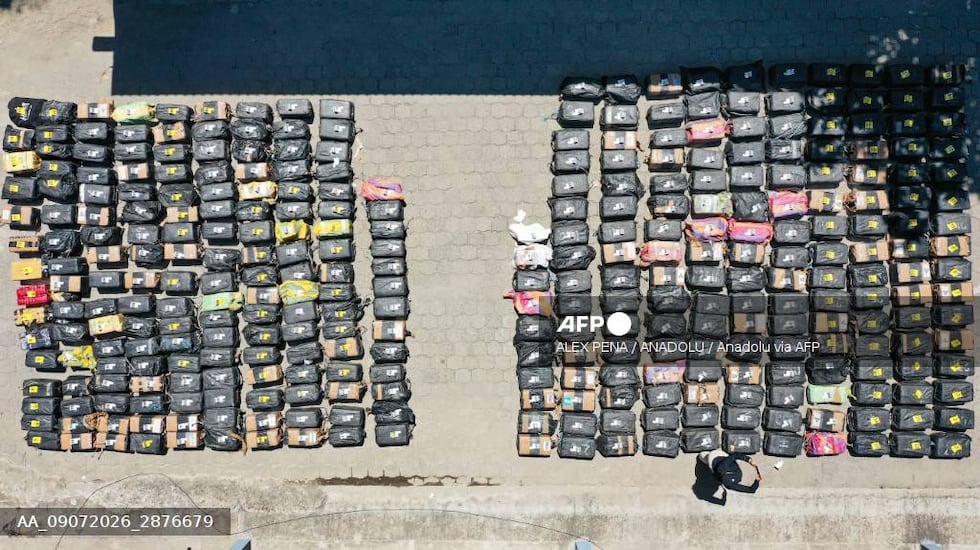 LA PAZ, EL SALVADOR - JULY 08: An aerial view of the drug packages during the presentation of a drug shipment seized at sea by Salvadoran security authorities, at the Port Captaincy of La Concordia on the Costa del Sol, La Paz, El Salvador on July 08, 2026. Salvadoran President Nayib Bukele reported on his social media that on June 18, members of the Salvadoran National Navy seized 6.68 tons of drugs more than 600 nautical miles offshore, valued at $167 million. Alex Pena / Anadolu (Photo by Alex Pena / Anadolu via AFP)