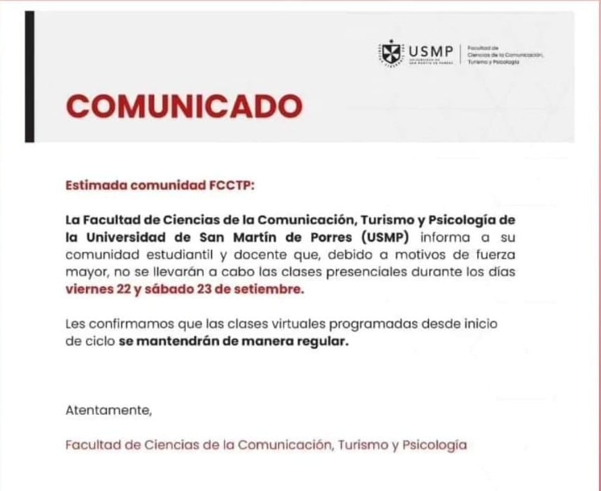 Comunicado de la FCCTP respecto a la suspensión de clases para este 22 y 23 de setiembre.