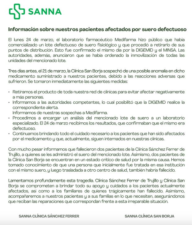 Sanna informa de tres pacientes fallecidos y otros dos en estado grave tras recibir el suero elaborado por Medifarma.