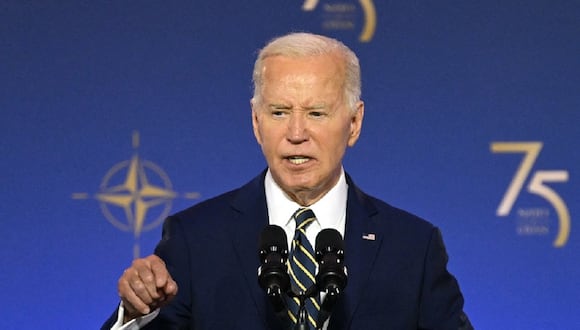 El presidente de Estados Unidos, Joe Biden, habla durante el acto de celebración del 75.º aniversario de la OTAN en el Auditorio Mellon de Washington, DC, el 9 de julio de 2024. (Foto de SAUL LOEB / AFP)