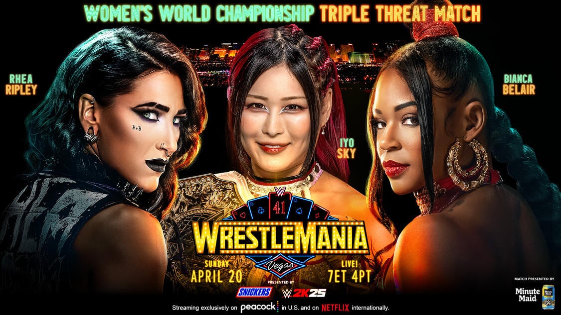 En un sorprendente giro de los acontecimientos, el Campeonato Mundial Femenino se decidirá en una épica Triple Threat Match cuando IYO SKY defienda su título contra Bianca Belair y Rhea Ripley en WrestleMania. | Crédito: WWE