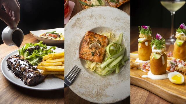 Izquierda: Steak Frites con filete de lomo acompañado por cebollas caramelizadas, ensalada fresca y papas fritas al ajo y perejil. Al centro: salmón horneado al limón, con miso y miel, servido sobre tagliatelle a la crema. Derecha: causa crocante con calamar frito, salsa acebichada, palta y huevos de codorniz. (Fotos: Heroína Estudio)
