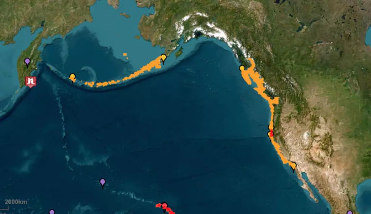 Una vigilancia de tsunami fue elevada a advertencia de tsunami para la Costa Oeste la noche del martes. | Crédito: NOAA / Servicio Meteorológico Nacional