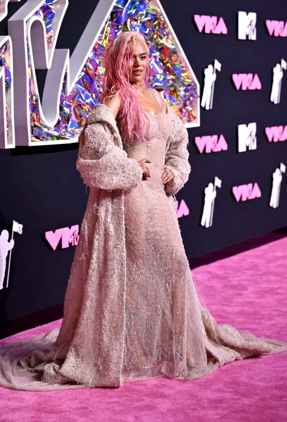 Karol G arrives at the MTV Video Music Awards on Tuesday, Sept. 12, 2023, at the Prudential Center in Newark, N.J. (Photo by Evan Agostini/Invision/AP)