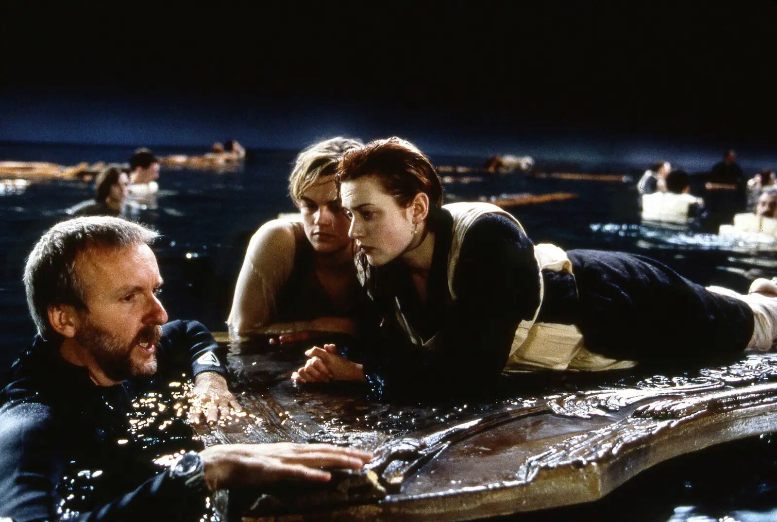 James Camero, Leonardo DiCaprio y Kate Winslet en el rodaje de "Titanic" (Foto: 20th Century Fox)