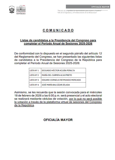 Uno de ellos saldrá elegido para reemplazar a José Jerí.