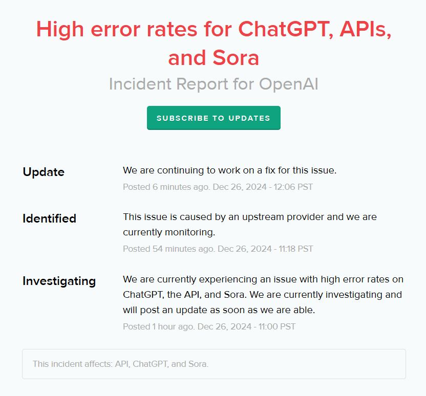 Este es el mensaje que aparece en la página de OpenAI sobre la falla en sus herramientas de IA. (Imagen: status.openai.com)