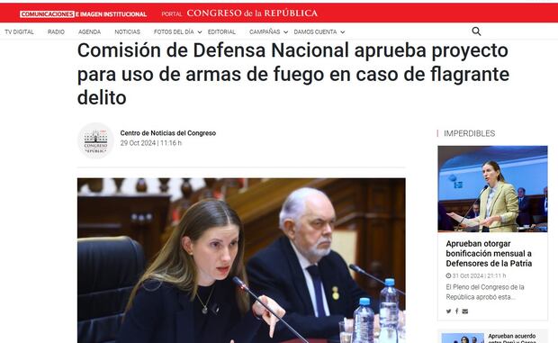 Comisión de Defensa aprobó dictamen que faculta a la Policía a usar su arma en caso de flagrancia delictiva y evidente amenaza a la vida del agente PNP y de los ciudadanos.