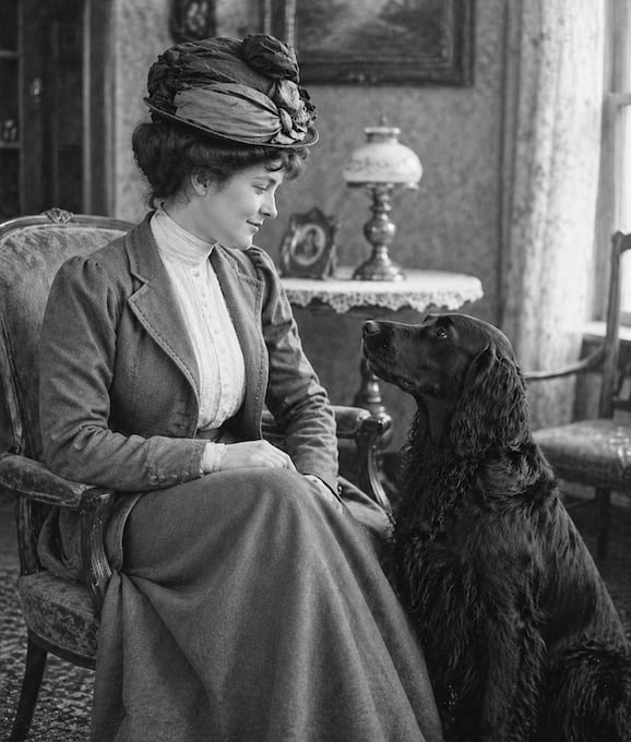 Dama de la década de 1910, al lado de un perro setter negro. Así como en esta imagen era la vida cotidiana de "Pomp" en Boston. (Foto: recreación con IA)