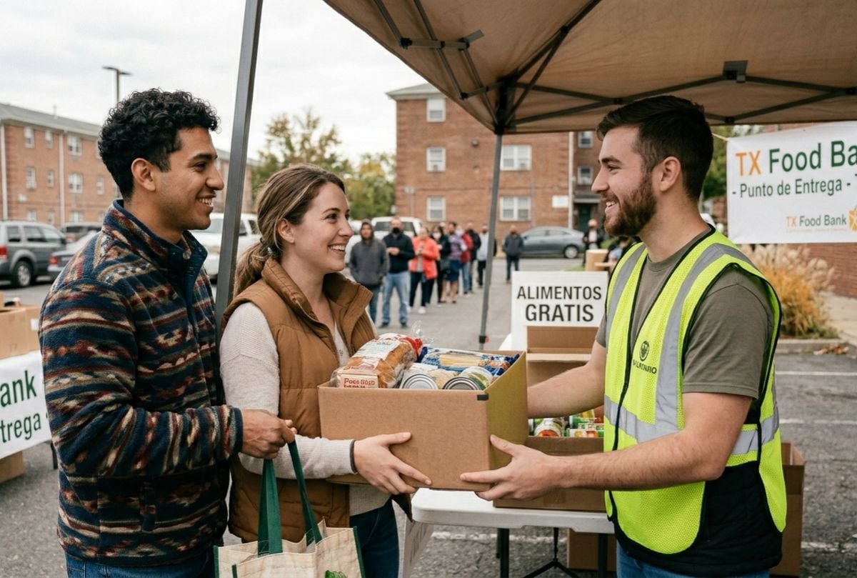 Una pareja joven recibe alimentos de un punto de distribución en Texas (Foto: Imagen creada por El Comercio MAG usando Gemini)