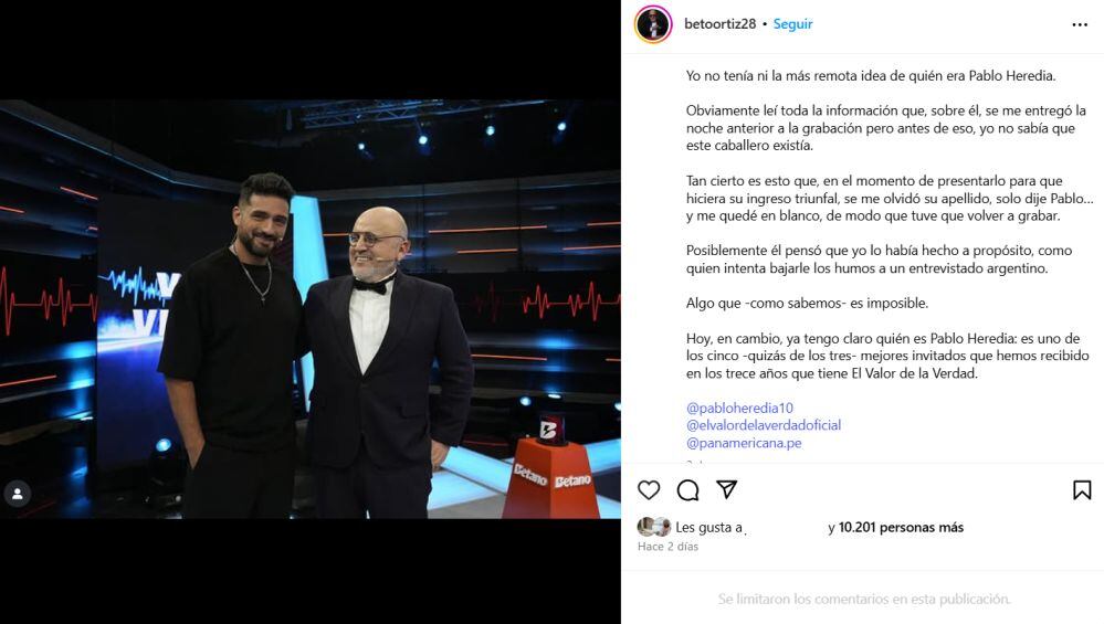 Beto Ortiz elogió participación de Pablo Heredia en "El valor de la verdad". (Foto: Captura de Instagram)